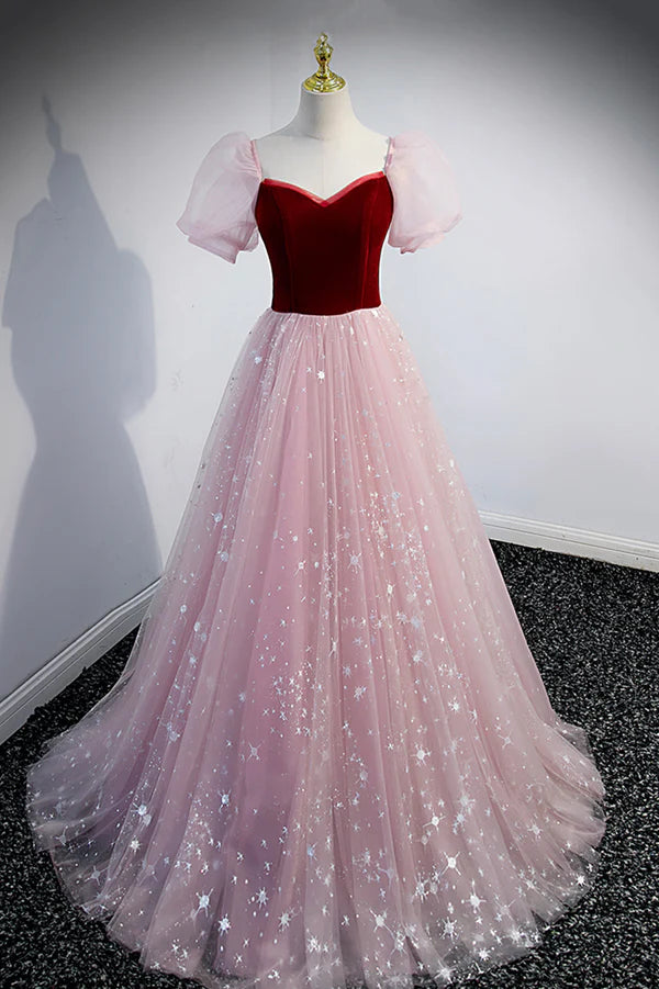Wholesale Pink Tulle Long A-Line Prom Dress Lovely Short Sleeve Evening Party Dress